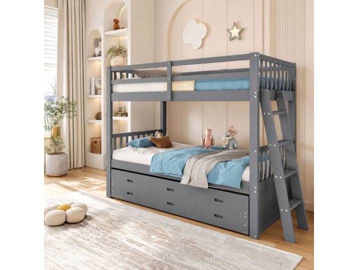 Lit superposé enfant - ZEVKOR - Lit superposé avec lit gigogne - 90×200 / 90×182 cm - 3 couchages - 3 tiroirs