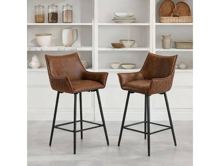 Tabourets de bar simili cuir marron structure carrée en métal hauteur d'assise 62 cm lot de 2
