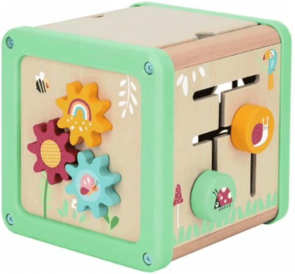 Tooky Toys Tooky Toy Wooden Play Cube for Toddlers - 18 Months+, 15.5 x 15.5 x 28 cm, Wooden Activity Toy with Beads, Shape Sorters, and Spinners