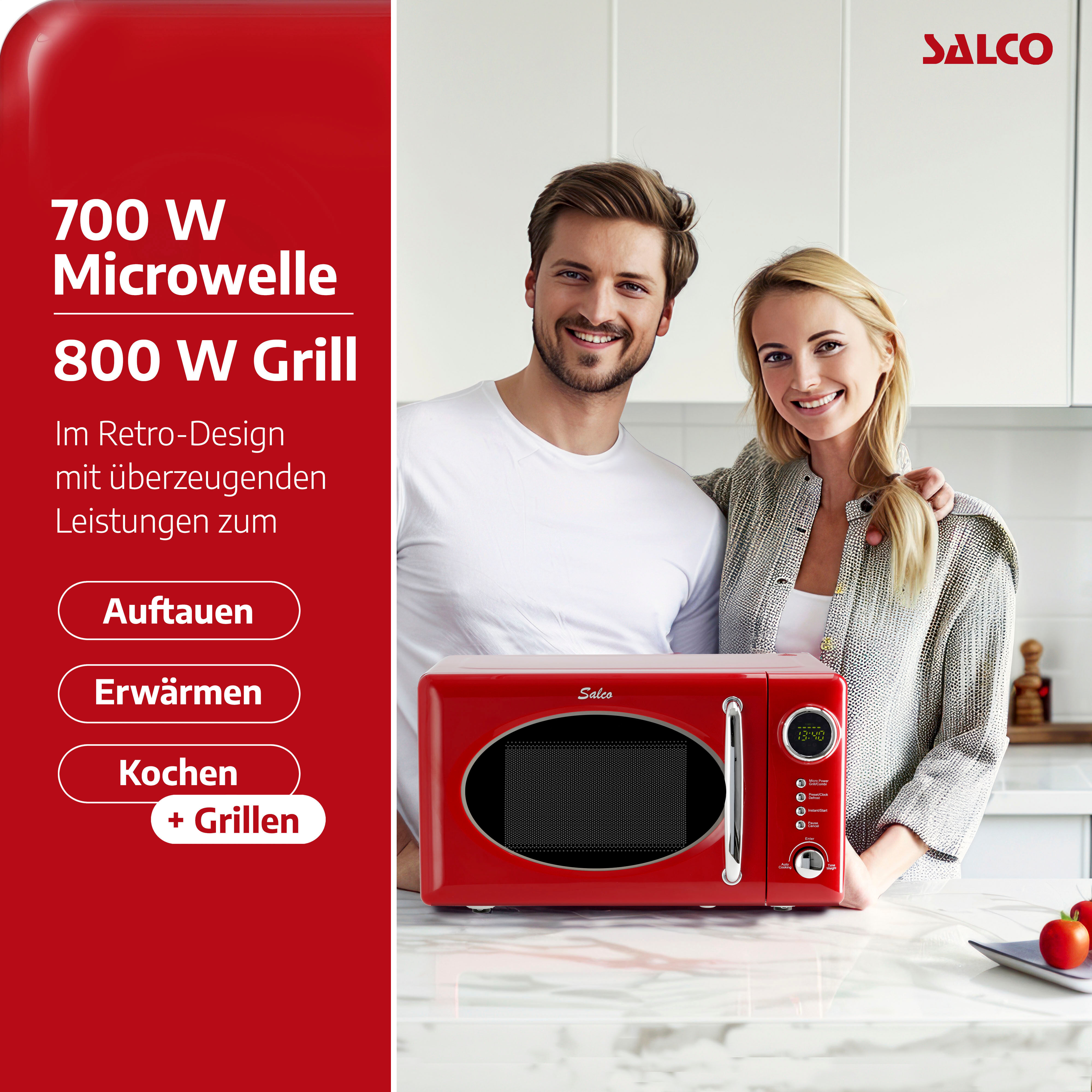 SALCO Mikrowelle "SRM-20.5G", rot, B:44cm H:44cm T:36cm, Mikrowellen, im Retrostyle, Mikrowelle