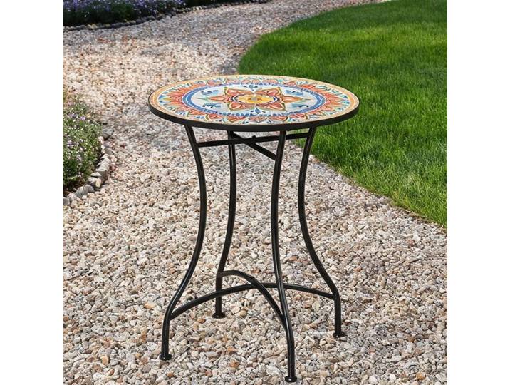 Guéridon d'extérieur rond en métal avec plateau mosaïque céramique rouge profond Ø60 cm