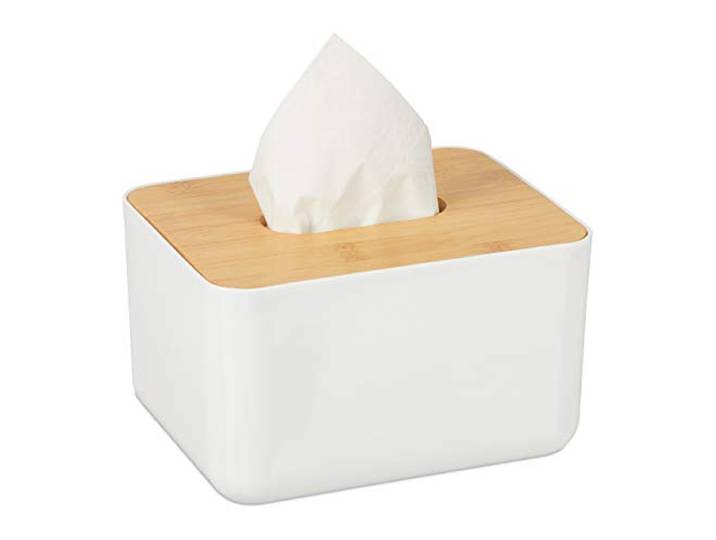 Relaxdays 10027746 Boîte à mouchoirs\, Distributeur lingettes Salle de Bains\, Plastique\, Bambou\, HLP 10 x 17 x 13 cm\, Nature\, Blanc/Marron\, 1