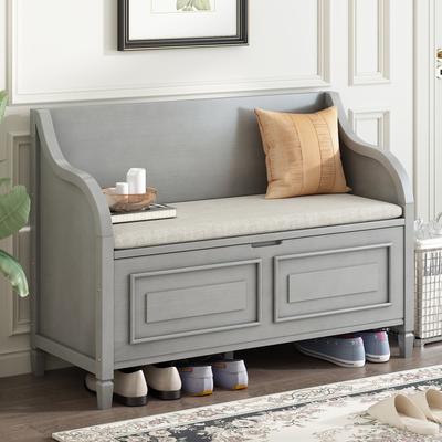 JimsMaison Solid Wood Entryway Multifunctional Storage Bench with Safety Hinge