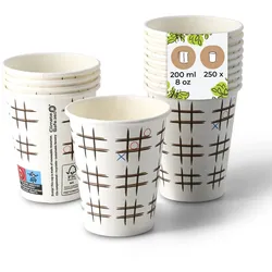 BIOZOYG Pappbecher bedruckt TicTacToe 250 Stück 200 ml / 8 oz, Ø 80 mm, weiß - Kaffeebecher to go - Pappe beschichtet mit PE - Trinkbecher/Einweg