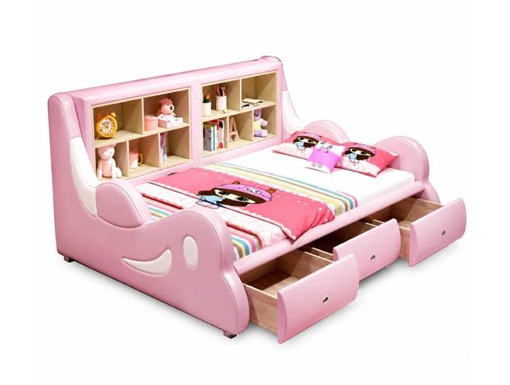 Xlmoebel Kinderbett Rosa Holz-Kinderbett mit Regalen und Schubladen für Mädchen, Made in Europa