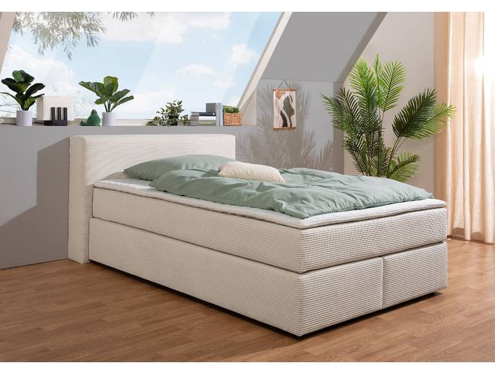 Boxspringbett, 147x225 cm, Cord, Beige, Inkl. Matratze & Topper, Skandinavisch, andas