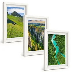 BILDER SET 3er Set - 20x30 cm Weißer Rahmen - Grüne Berge, Flussfelsen