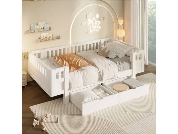 Lit plateforme enfant - MAISENTIEL - Lit 90 x 200 cm - Barrière sécurité haute - 2 tiroirs - Blanc
