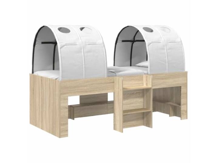 Keeushr Bett mit 3 STK. Sonoma-Eiche und Weiß Holzwerkstoff Modernes Design, schlanke Linien, glatte Oberflächen, Lattenkonstruktion, verformungsbeständig, für Lofts und kleine