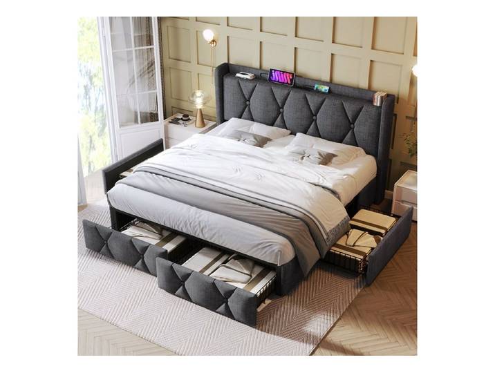 OKWISH Polsterbett Mit 4 Schubladen & USB-Anschluss für praktischen Stauraum (149x217x116cm,Inklusive-Matratze(H25cm), 2-tlg., Modernes Schlafzimmer-Design mit integrierter Funktionalität), 140x200 cm mit Kopfteil im Rauten-Design(mit Matratze)