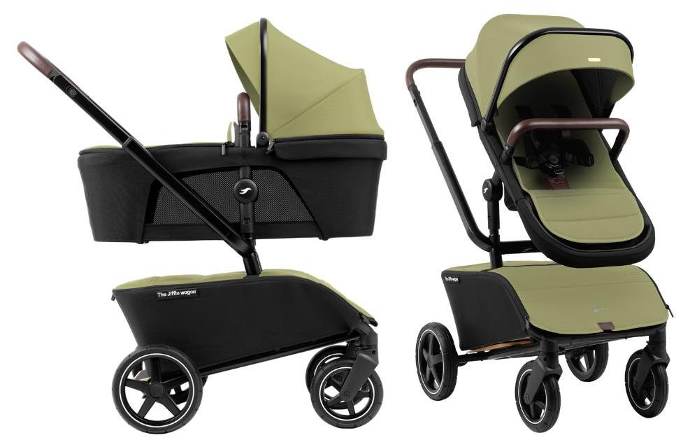 The Jiffle Wagon Green - 3-in-1 Kinderwagen, Mitfahrbrett & Bollerwagen, ab Geburt, 57 kg Traglast, kompakt faltbar