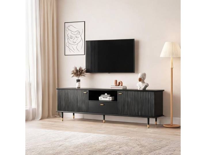Meuble TV laqué deep black 170 cm avec rangements ouverts portes et tiroir