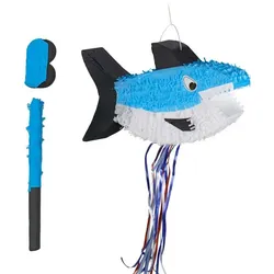 Relaxdays Pinata Set Hai mit Stab und Maske Weiß,Blau,Schwarz