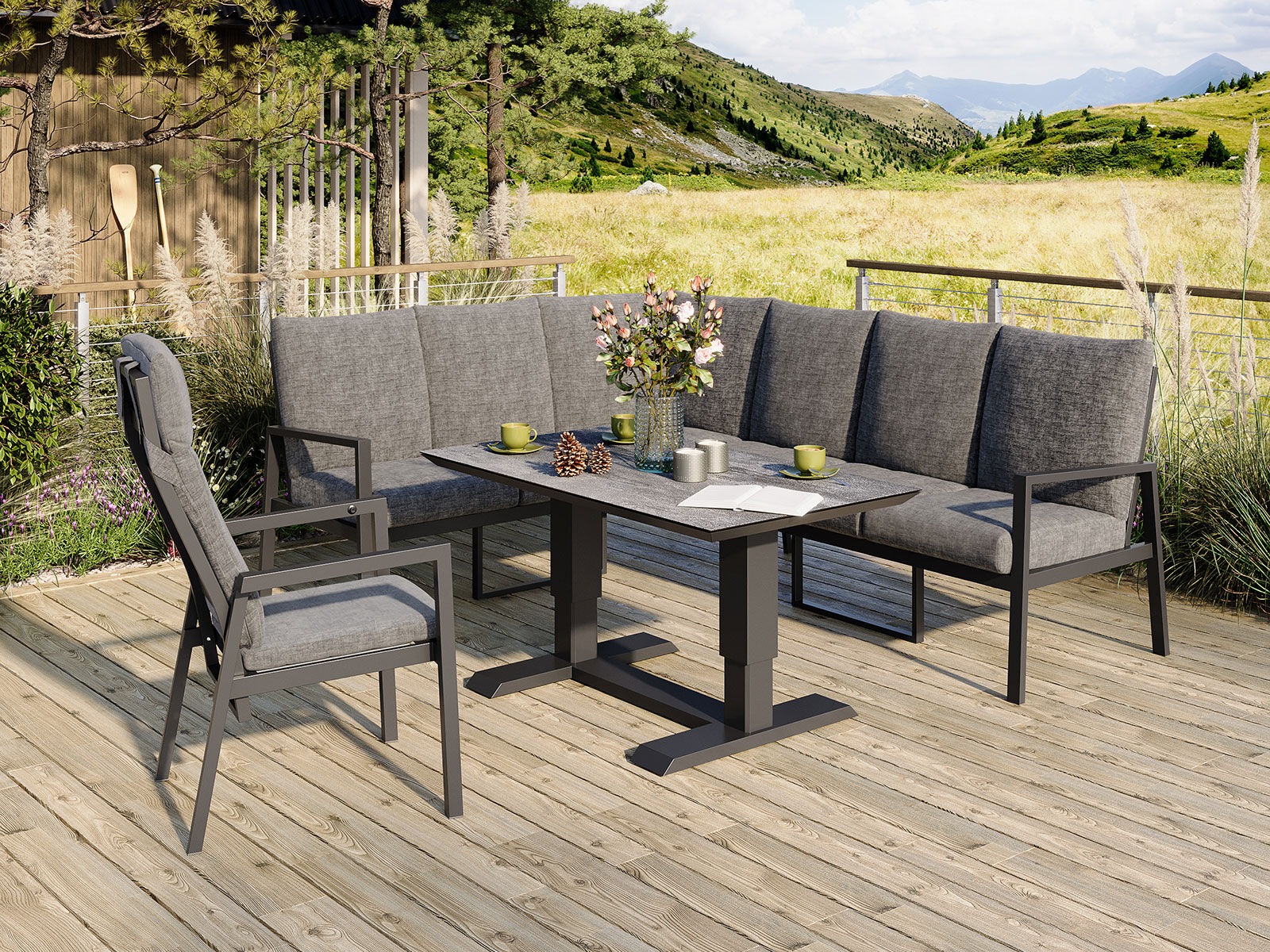 Paris Hjørnesofa 2c3 Med Hæv/sænk Bord 130x75 Cm Og 1 Recliner Stol I Antracit Aluminium