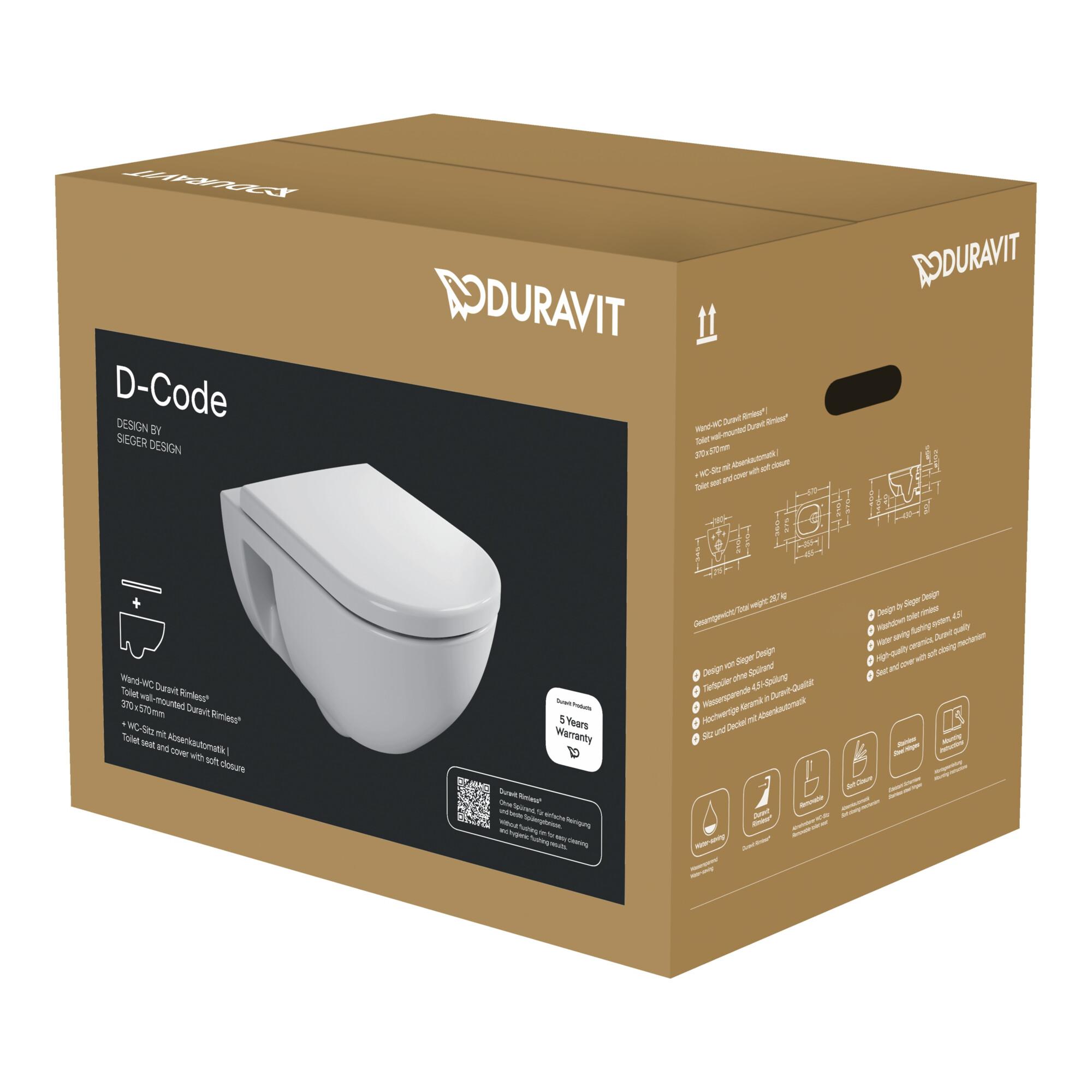 Duravit Wand-WC, Tiefspüler-Set D-Code m Sitz, Absenkautomatik, Rimless, weiß (45140900A1)