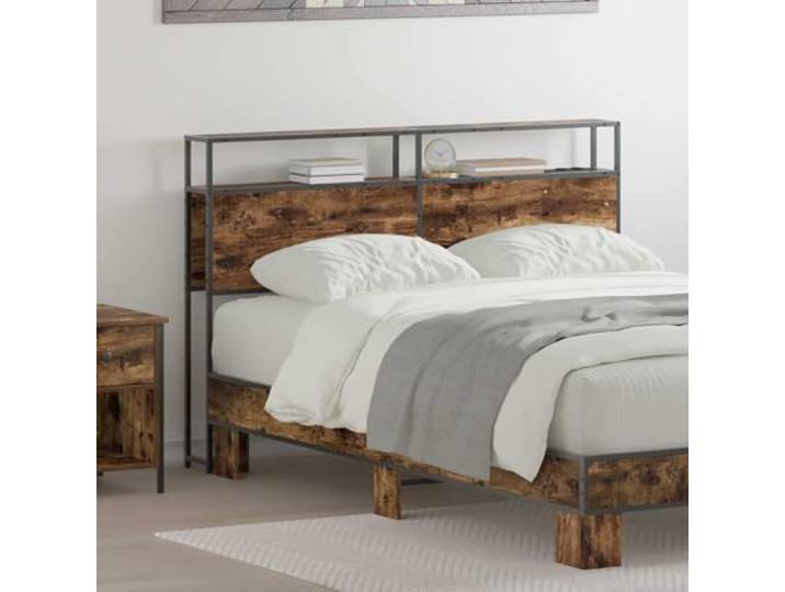 Modernes Kopfteil aus Räucherholz in Eiche mit Einlegeböden und Steckdosen, ideal für die Aufbewahrung im Schlafzimmer.