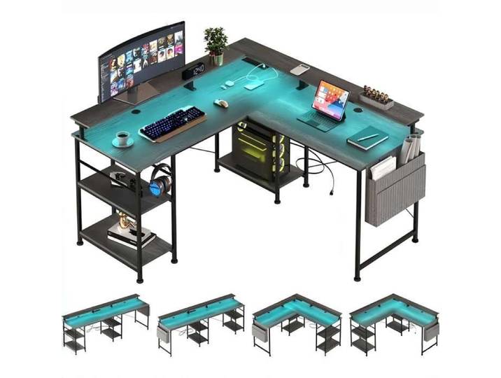 Bureau Gamer en L avec LED RGB Prises/USB et 4 Tablettes Réglables - Bureau d'Angle Réversible Noir