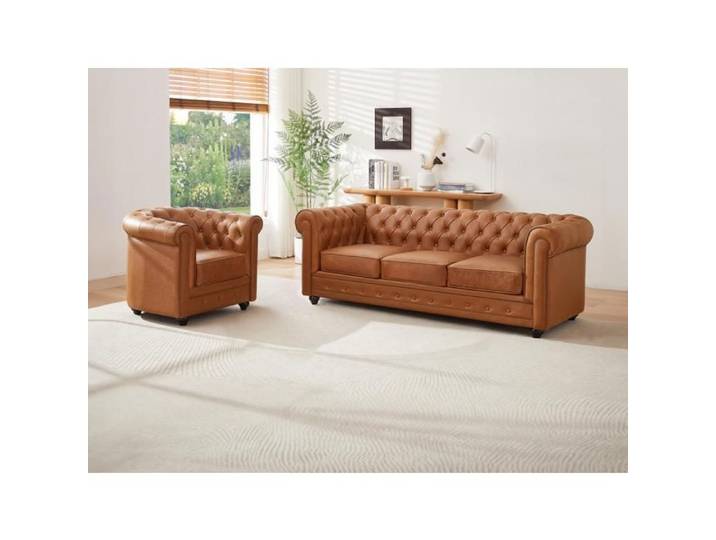 Canapé 3 places et fauteuil en cuir de vachette camel CHESTERFIELD