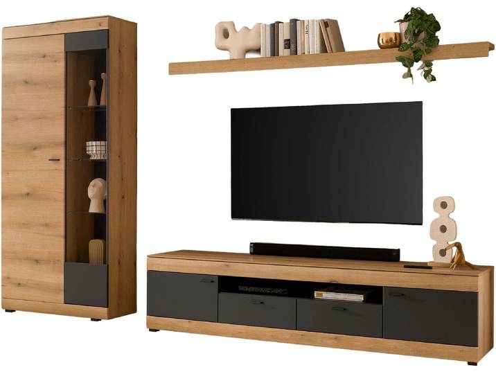 Wohnwand HOME AFFAIRE Soleto, zeitlose Anbauwand, Komplettset im modernen Stil , braun (eiche evoke), B:300cm H:201cm T:35cm, Kastenmöbel-Sets, Wohnwand, enthält Vitrine, Lowboard und Wandboard