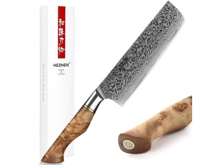 HEZHEN 18CM Japanischer Stil Damast Nakirimesser, Küchenmesser 67 Schicht Damaskus Stahl Kochmesser,Holzgriff