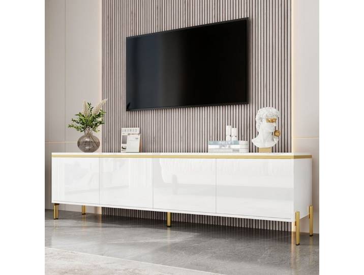 Meuble TV Moderne avec 4 Portes Finition Brillante Sans Poignée Bande de Bordure Dorée Interface de Câble 170x38x50cm Blanc