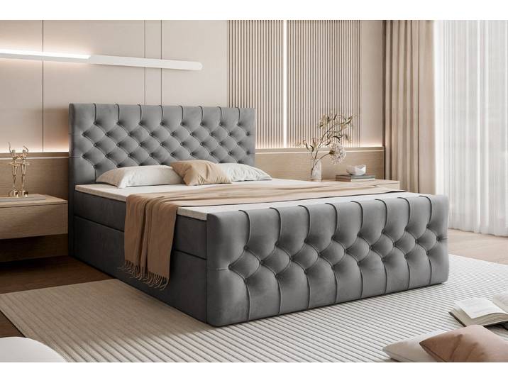 Goldstoff Boxspringbett TAURIEL mit Federkernmatratze & Topper, zwei Bettkästen (von 120 bis 200x200 cm), modernes Doppelbett aus Velvet Stoff mit edlem Kopfteil