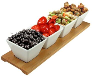 Elama Signature Modern 5pc Appetizer and Condiment Server with 4 Serving Dishes and a Bamboo Serving Block