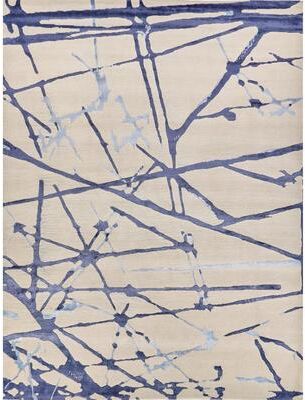 EXQUISITE RUGS Space Age Hand-knotted Wool/Bamboo Silk Grey/Royal Blue/Navy Area Rug.