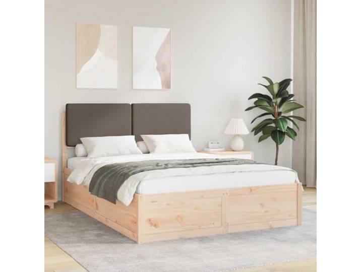 RJPLMFV Bettgestell, Kiefernholz, massiv, Kopfpolster, Taupe, 135 x 190 cm Waschbarer Bezug, abnehmbarer Bezug, inklusive Latten, ohne Lattenrost, einfache Montage