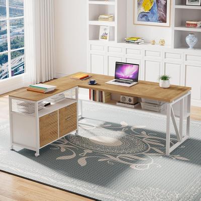 BLUEBELL L Shaped Executive Desk, 63 Inch Office Computer Desk with Storage Cabinet & Open Shelving for Home & Business Office