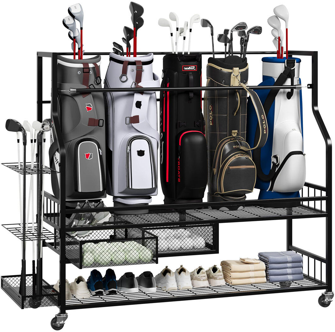 idealhouse Heavy Duty Golf Bag Storage Rack with Wheels – 5-Bag Organizer Stand with Drawer – Portable Golf Equipment Cart for Garage, Clubhouse, Basement – Fits
