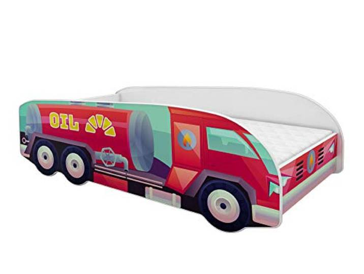 ACMA Kinderbett LKW Truck 140x70 cm Autobett Juniorbett für Kinder mit Matratze und Lattenrost, Spielbett mit Rausfallschutz, Kinderzimmer Bettmöbel, Design 09 Tanklastwagen