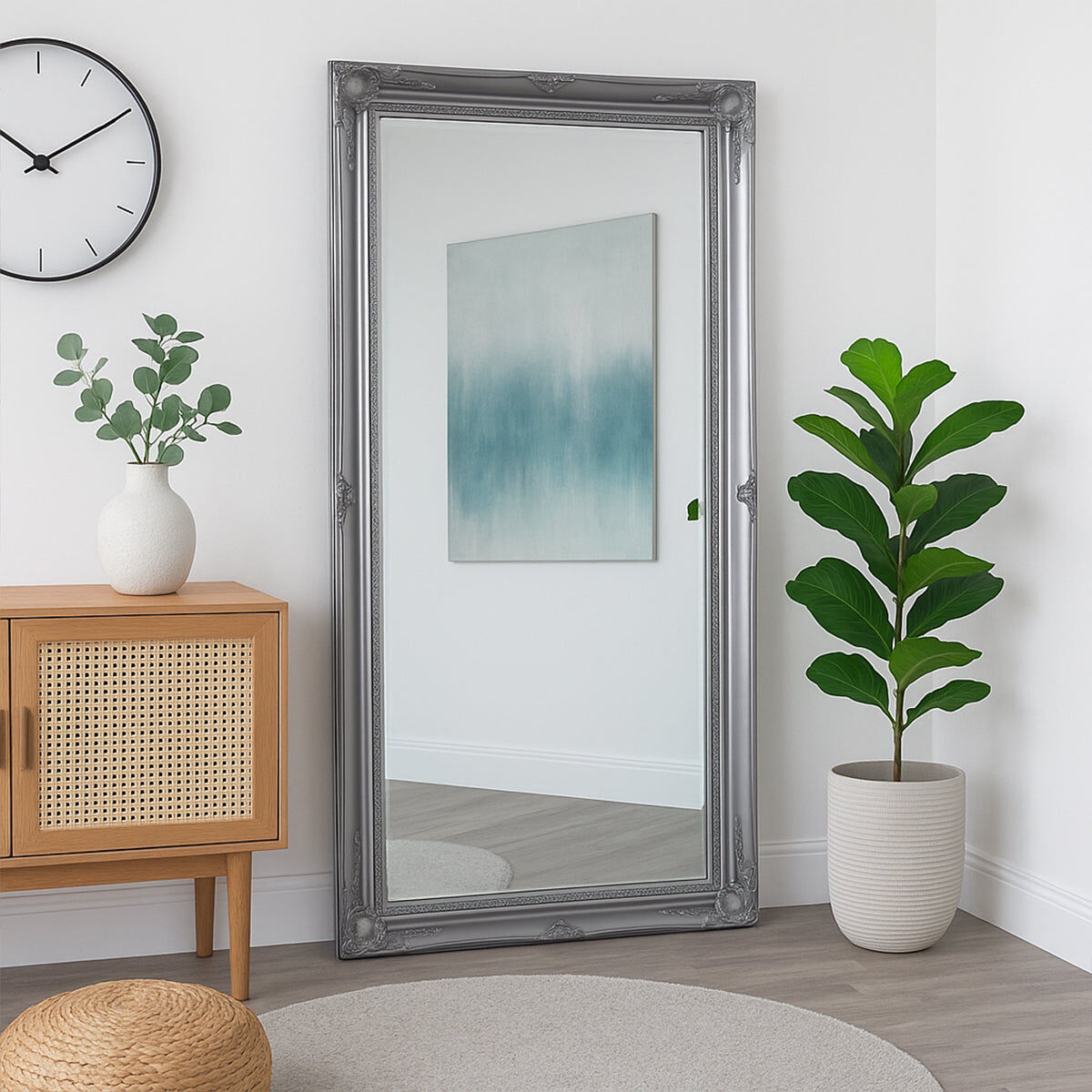 Large Ornate Silver Wall / Floor / Leaner Mirror 158cm x 78cm Glass, Wood, Resin