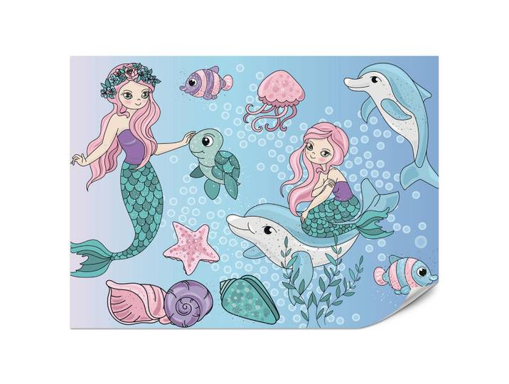 Muralo Fototapete für Kinderzimmer Meerjungfrauen Delfine Fische Muscheln Qualle Schildkröte 500x350, Mehrfarbig, Papier, Märchen/ Fantasie, Rechteckig, 500x350 cm, Tapeten & Wandverkleidungen, Fototapeten