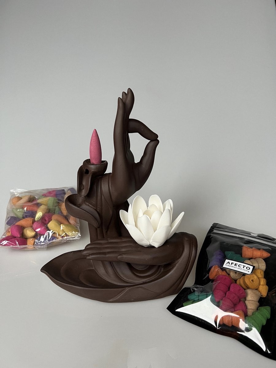 Afecto Wierook Waterval Hand met Lotusbloem - Wierookbrander Set inclusief wierookkegels