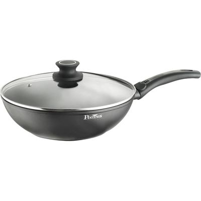 Wok PINTINOX "Power", schwarz (schwarz, transparent), H:7,6cm Ø:28cm, Pfannen, Wok, 2-lagige Antihaftbeschichtung, mit Glasdeckel, Ø 30 cm, Induktion