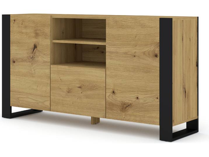 Commode MONDI 158 cm Sideboard Highboard Armoire chêne artisanal Pieds noirs