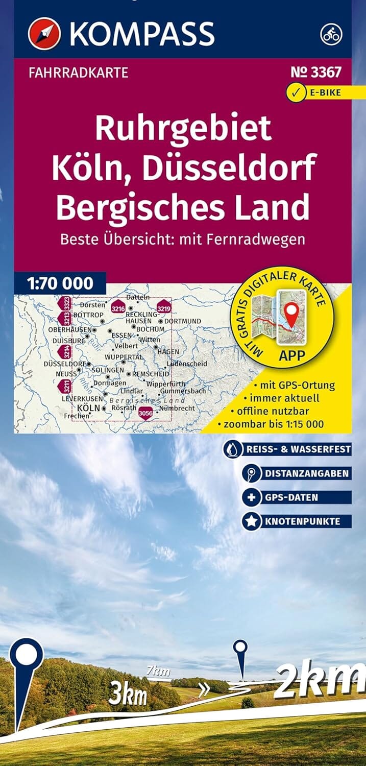 Carte cycliste n° F3367 - Ruhrgebiet, Cologne, Düsseldorf, Bergisches Land + plan de ville (Allemagne)   Kompass