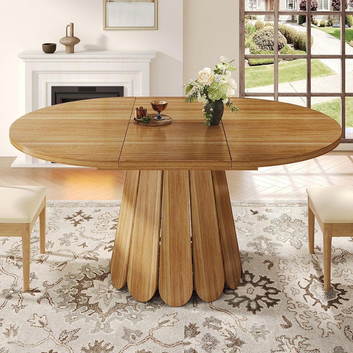 KOMHTOM Ronde houten uitschuifbare eettafel met vlindertafel, bruin, uitschuifbaar van 118 cm tot 158 cm