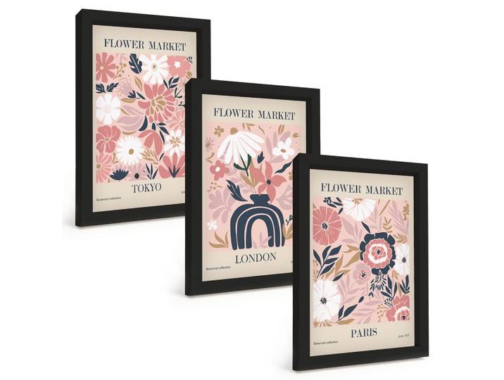 BILDER SET 3er Set - 20x30 cm Schwarzer Rahmen - Blumenmotive Tokio London Paris