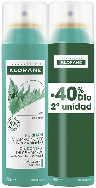 Klorane A La Netiga shampoo seco seborregulador para cabelos oleosos embalagem 2 x 150 ml