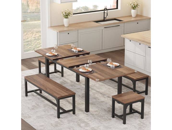 Ensemble extensible 5 pièces 6-8 pers table industrielle 2 bancs 2 tabourets