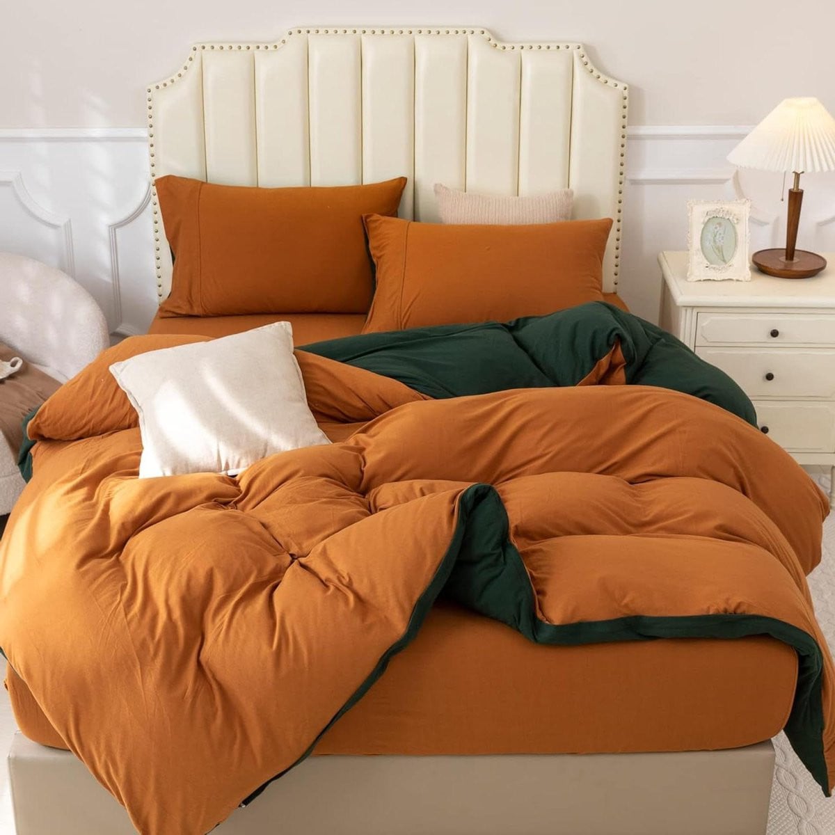 Omkeerbaar Gebreid Dekbedovertrekset Queensize 228x228 cm - Bosgroen Oranje