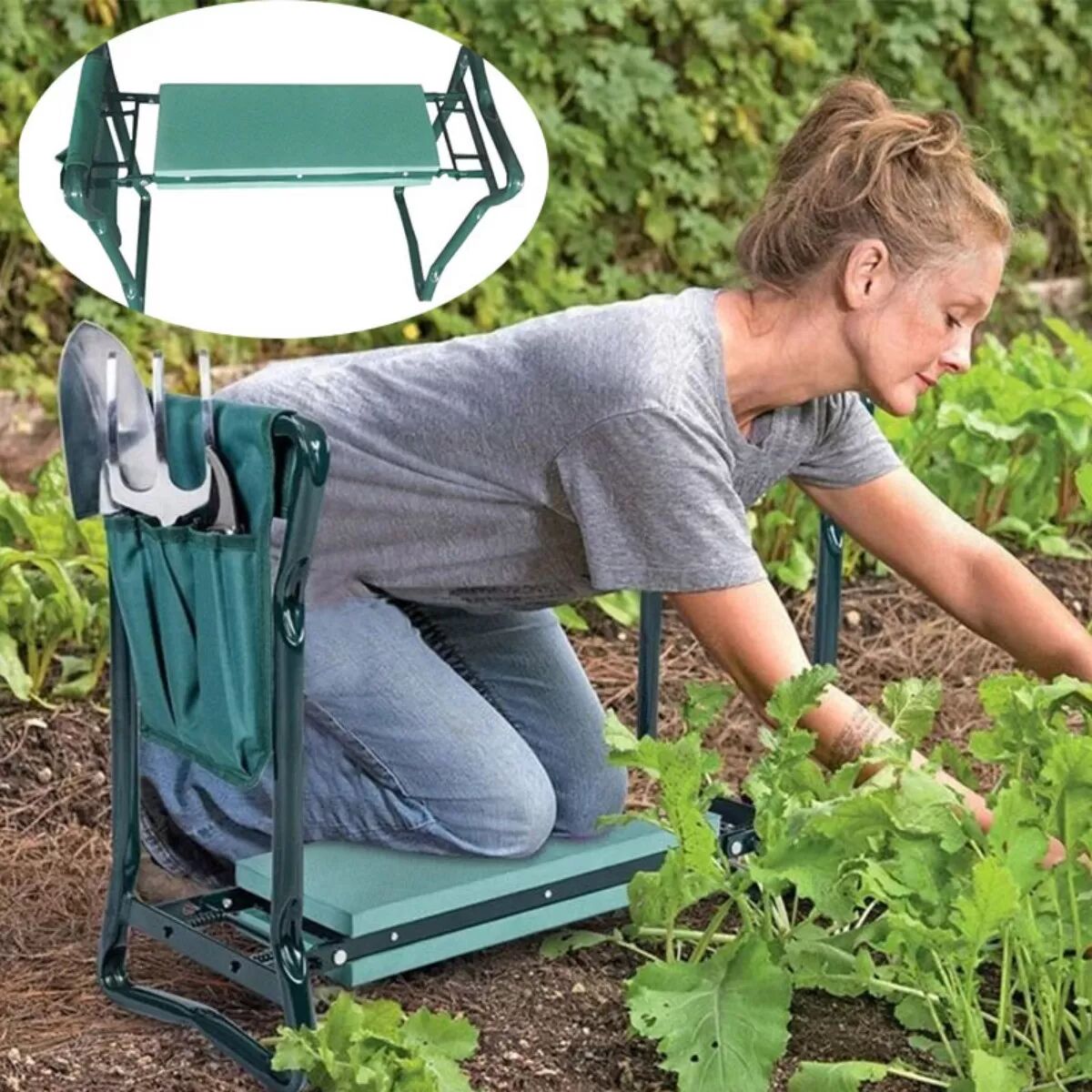 INF Garten-Kniestütze 2-in-1 - Ergonomische Kniebank mit Griffen und Werkzeugtasche, Grün, Eisen+EVA