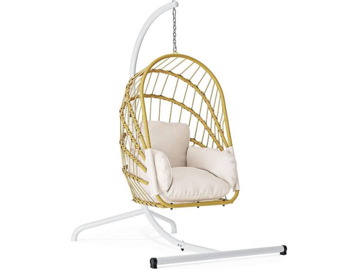Hängesessel mit Ständer Beige Rattan-Korb 160 kg Tragfähigkeit, Naturmaterialen, 117.5x194x121 cm, Gartenmöbel, Gartenschaukeln, Hängesessel