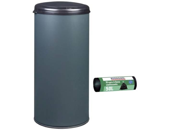 ROSSIGNOL Poubelle de cuisine et 10 sacs-poubelle. Capacité 45L\, Fabrication française\, Poubelle à ouverture par pression\, Collerette support sac HANDTOUCH