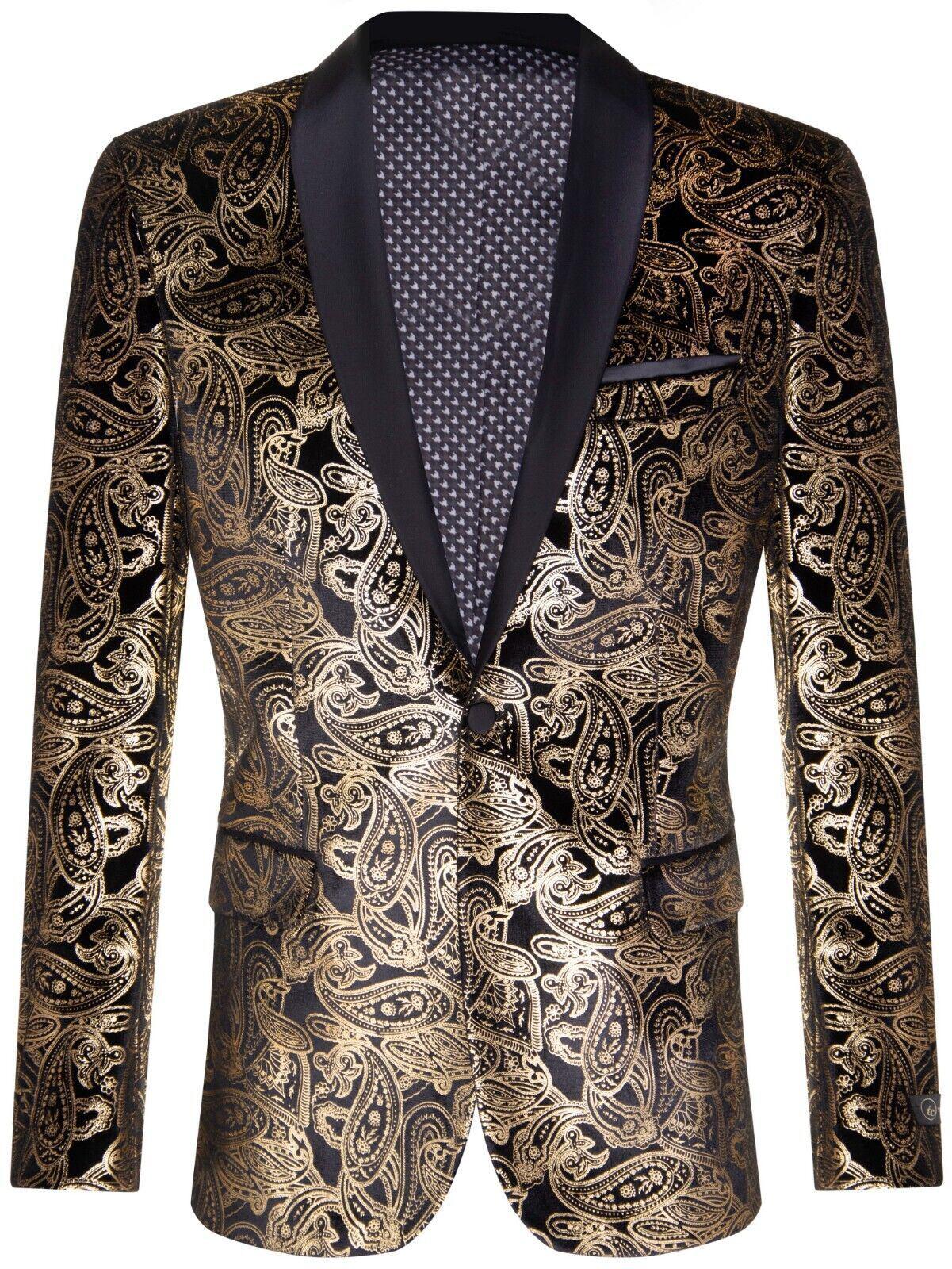 Klassischer Smoking-Blazer für Herren aus schwarzem Samt mit goldenem Paisleymuster und maßgeschneiderter Passform