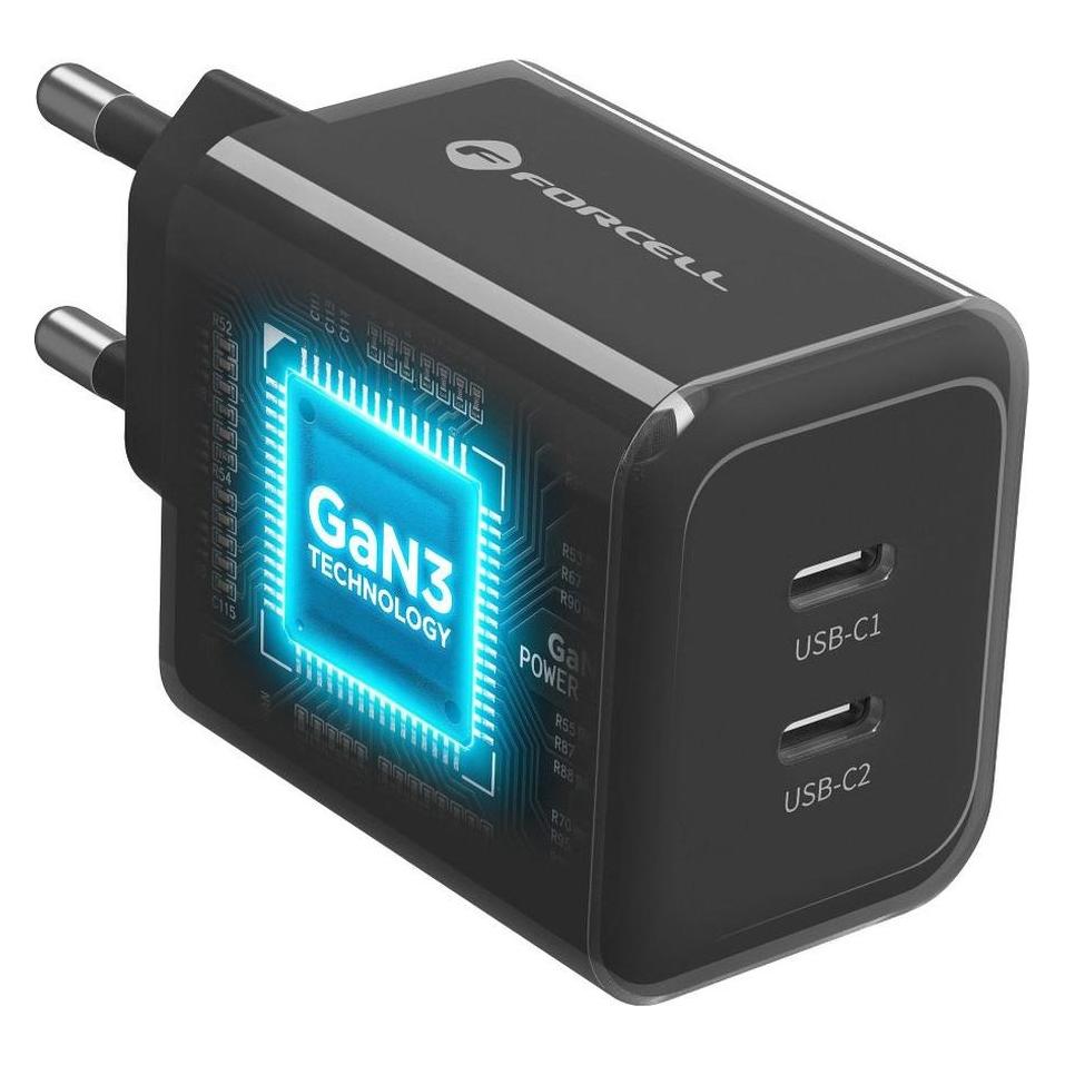 Forcell Ładowarka sieciowa F-Energy GaN III VT-60 60W PD QC 4.0+ 2x USB-C czarna + kabel USB-C (60 W, 2 Ports) (VT-60 czarna)