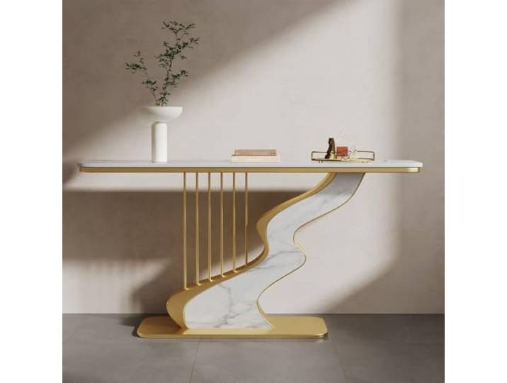S-Form Design Sinterstein Konsolentisch Metallrahmen für Eingang Wohnzimmer S-Form Sinterstein Metallrahmen Rostschutz Abgerundete Kanten Platzsparend(Gold 3,80cm/31.5in)