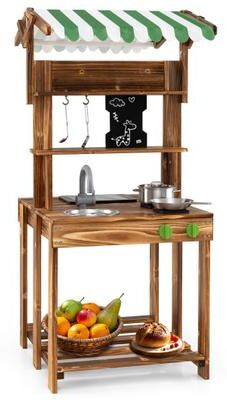Costway Double-Sided Mud Kitchen with Canopy and Chalkboard for 3+ Years Old-Natural